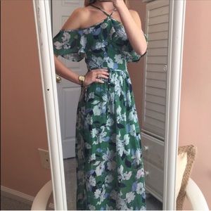 Japna Cold Shoulder Green Floral Maxi Dress